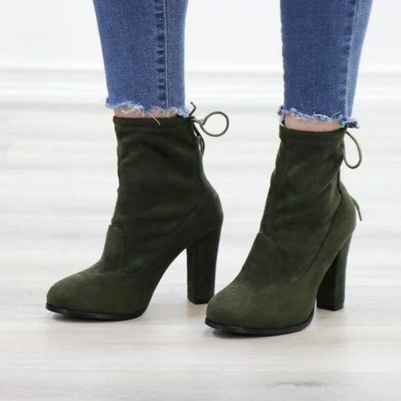 Ankle Heeled Boots High Block Heel Round Toe Olive Green Faux Suede High Shaft - Picture 10 of 15